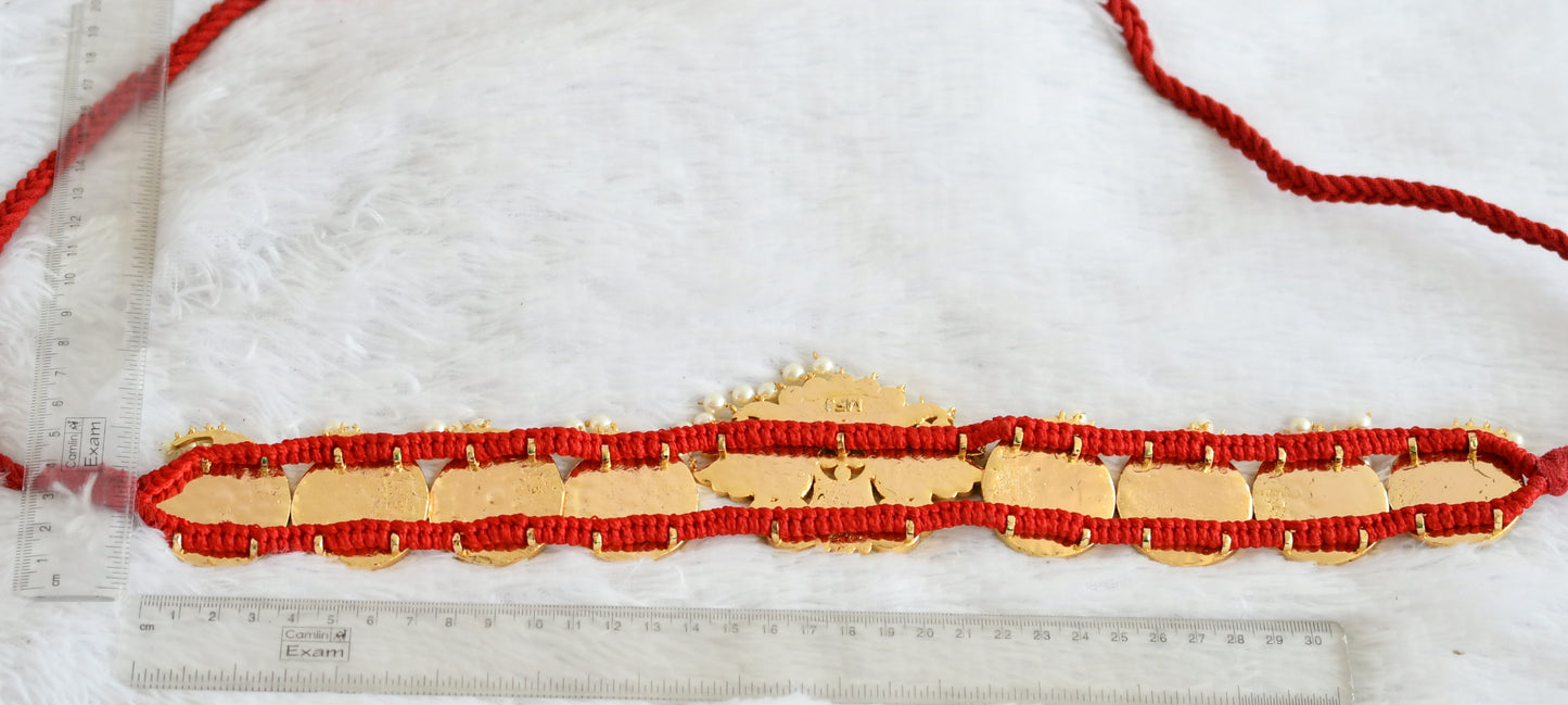 Gold tone precious kemp-green-white peacock pearl ganda berunda waist band dj-50789