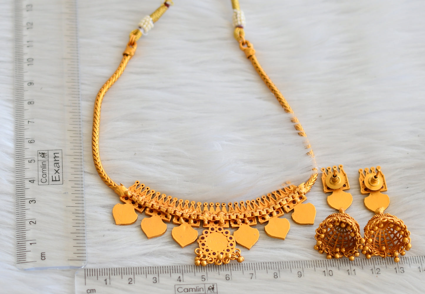 Matte finish red-green palakka kerala style necklace set dj-45405