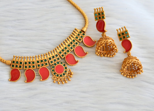 Matte finish green-red mango kerala style necklace set dj-45404