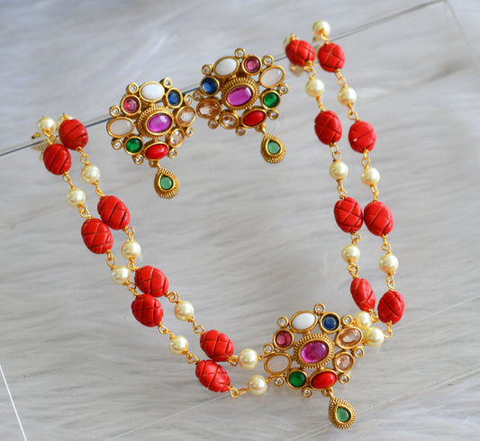 Matte finish navarathna stone coral-pearl bead choker necklace set dj-43741