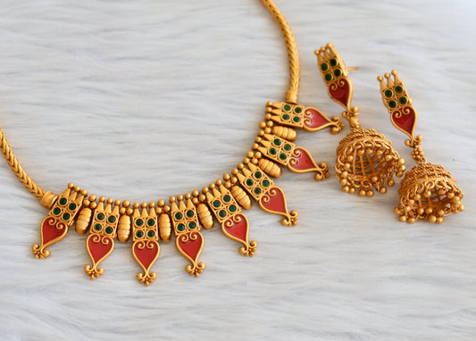 Matte finish green-red kerala style palakka necklace set dj-45409