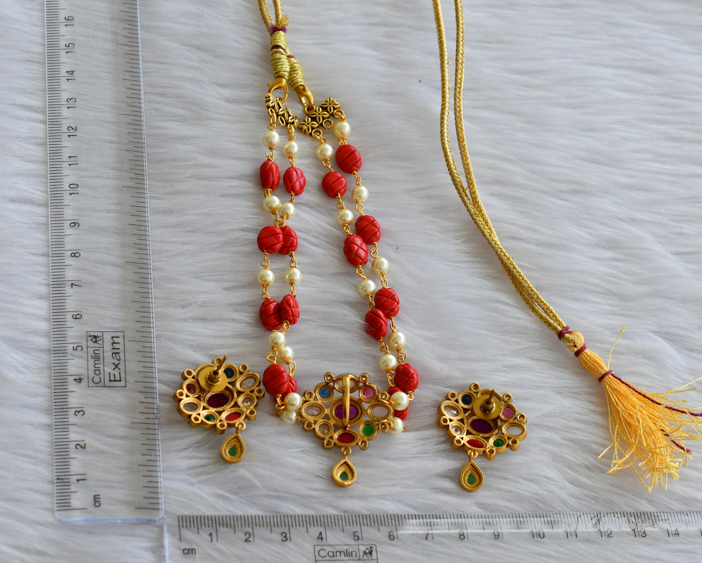 Matte finish navarathna stone coral-pearl bead choker necklace set dj-43741