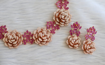Rose gold tone ruby-white flower necklace set dj-45399