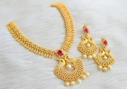 Gold tone cz-ruby bridal peacock necklace set dj-02878