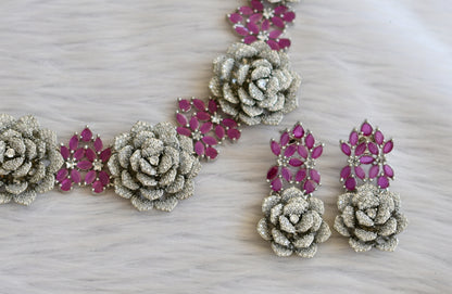 silver tone ruby-white flower necklace set dj-45400