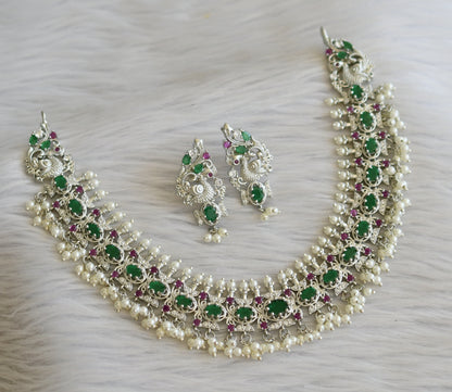 Silver tone green-ruby-white pearl peacock gutta pusalu necklace set dj-45410