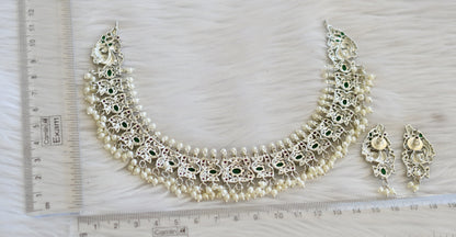 Silver tone green-ruby-white pearl peacock gutta pusalu necklace set dj-45410