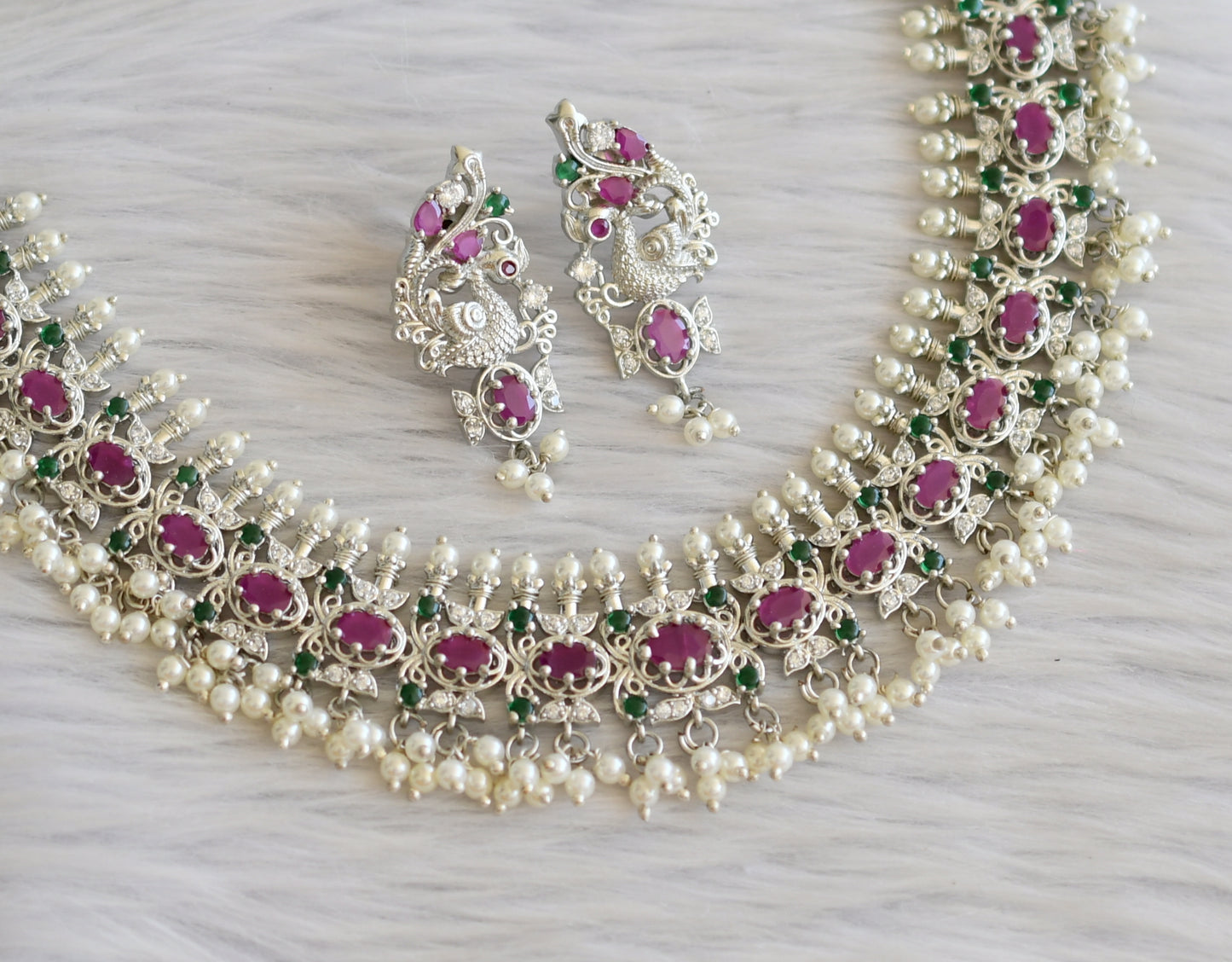 Silver tone ruby-green-white pearl peacock gutta pusalu necklace set dj-45411