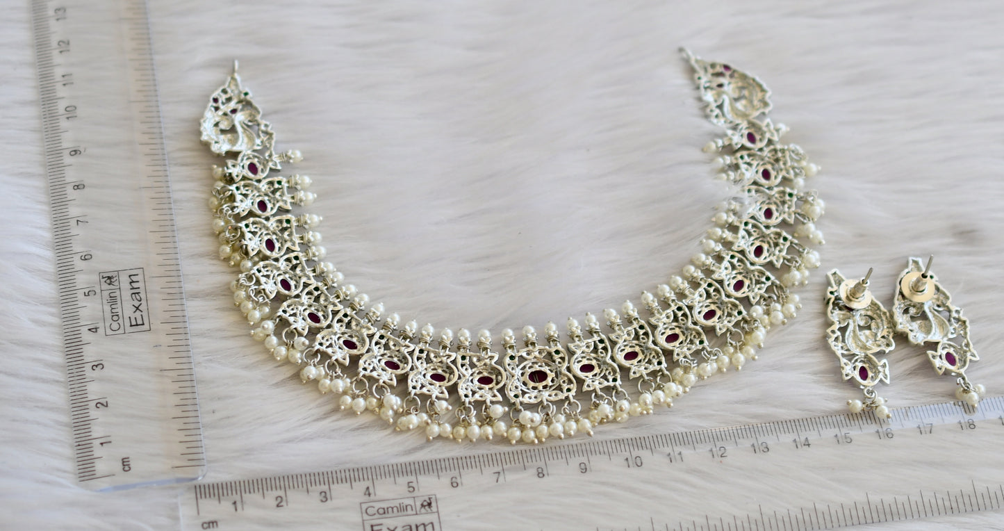 Silver tone ruby-green-white pearl peacock gutta pusalu necklace set dj-45411