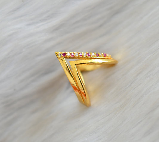 Gold tone ruby-green-white stone vanki finger ring dj-42462