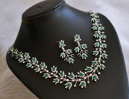 Silver tone emerald-white stone rose bud necklace set dj-45412