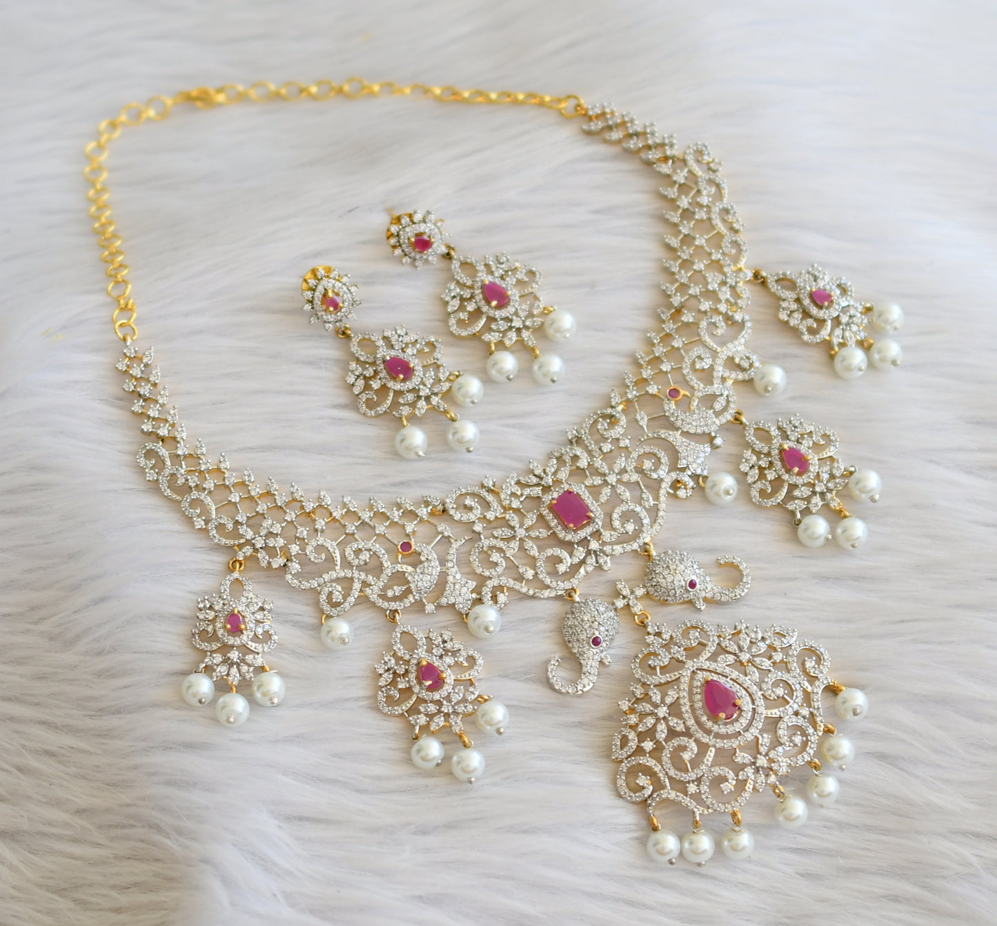 Two tone ruby-white pearl elephant peacock necklace set dj-45413