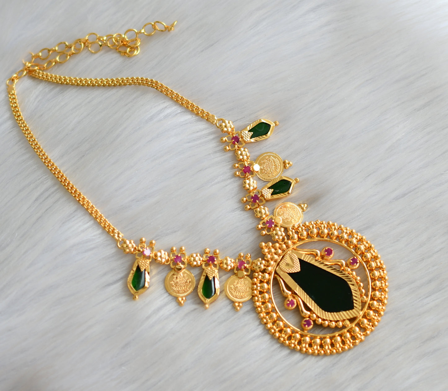 Gold tone pink-green nagapadam Lakshmi coin necklace set dj-42425