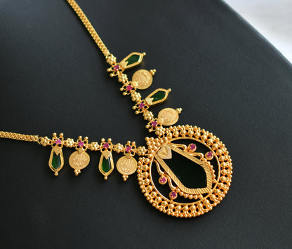Gold tone pink-green nagapadam Lakshmi coin necklace set dj-42425