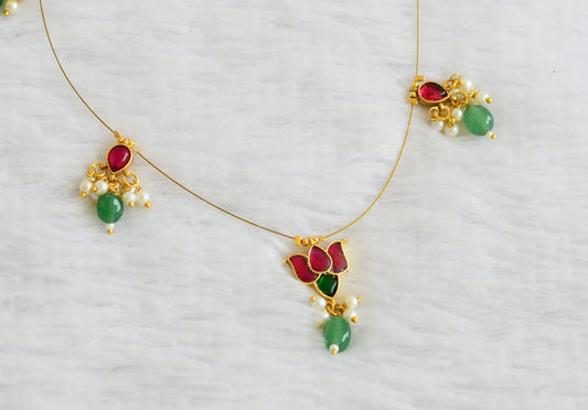 Gold tone pink kundan jadau lotus green bead invisible necklace dj-50823