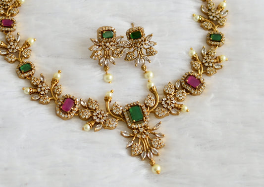 Antique gold tone cz ruby-green flower block stone necklace set dj-50835