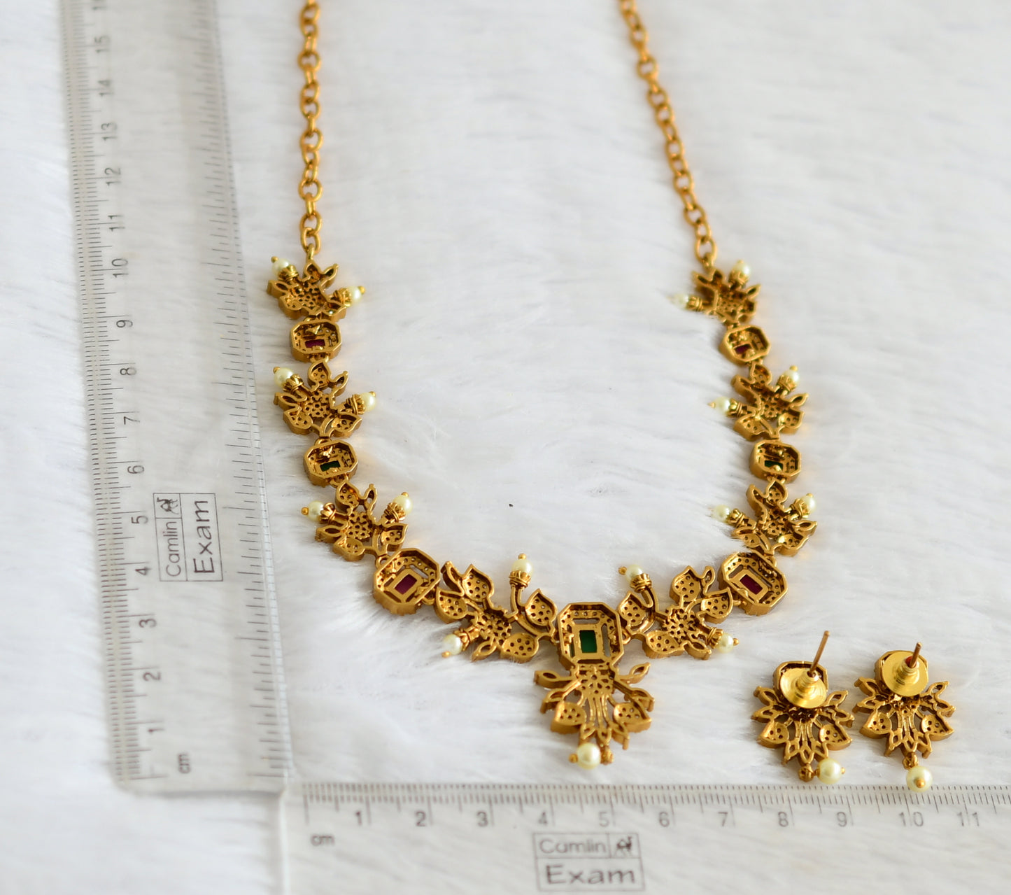 Antique gold tone cz ruby-green flower block stone necklace set dj-50835