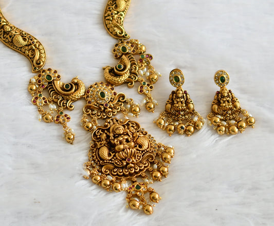 Antique gold tone kemp-green-white lakshmi peacock necklace set dj-50837