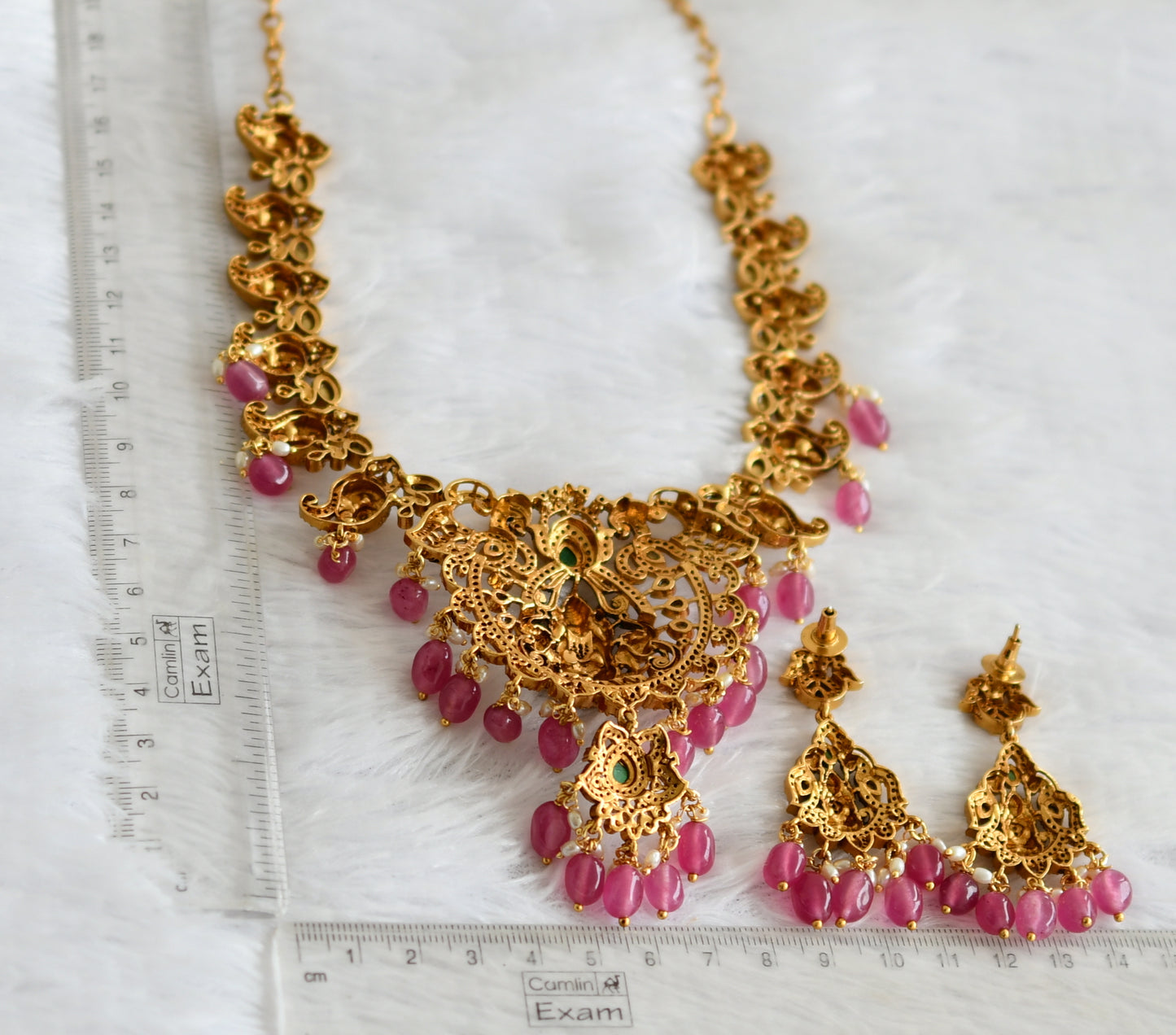 Antique gold tone kemp-green-white lakshmi peacock pink bead necklace set dj-50844