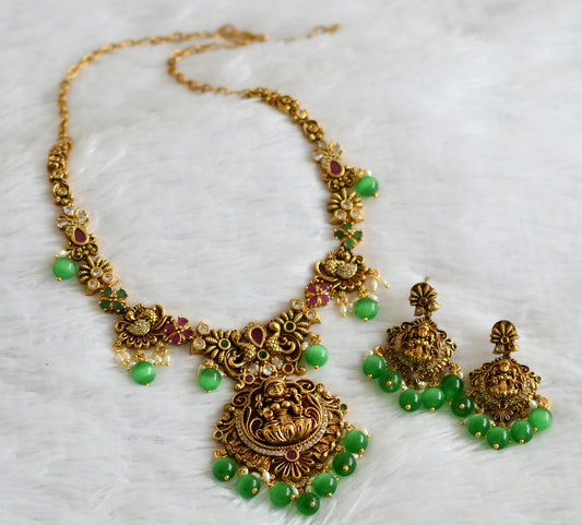Antique gold tone ruby-green-white lakshmi peacock green bead necklace set dj-50840