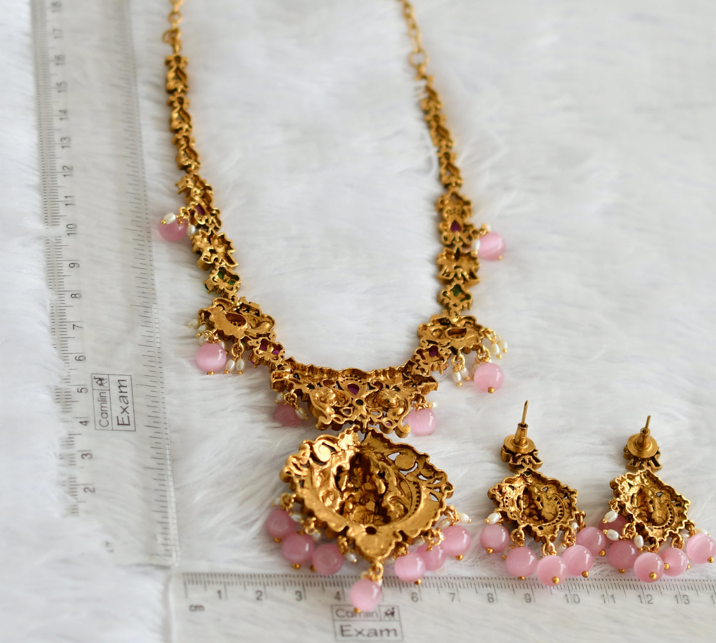 Antique gold tone ruby-green-white lakshmi peacock baby pink bead necklace set dj-50841