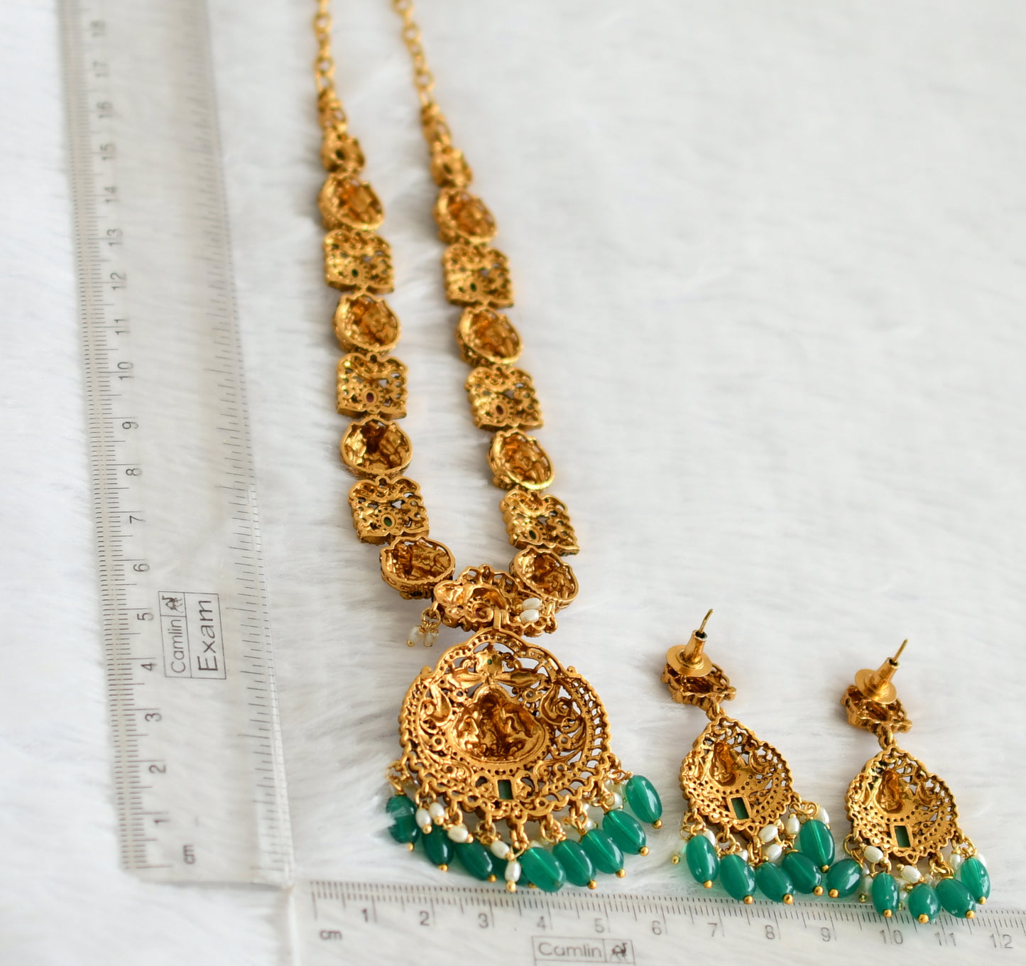 Antique gold tone ruby-green-white lakshmi green bead necklace set dj-50843