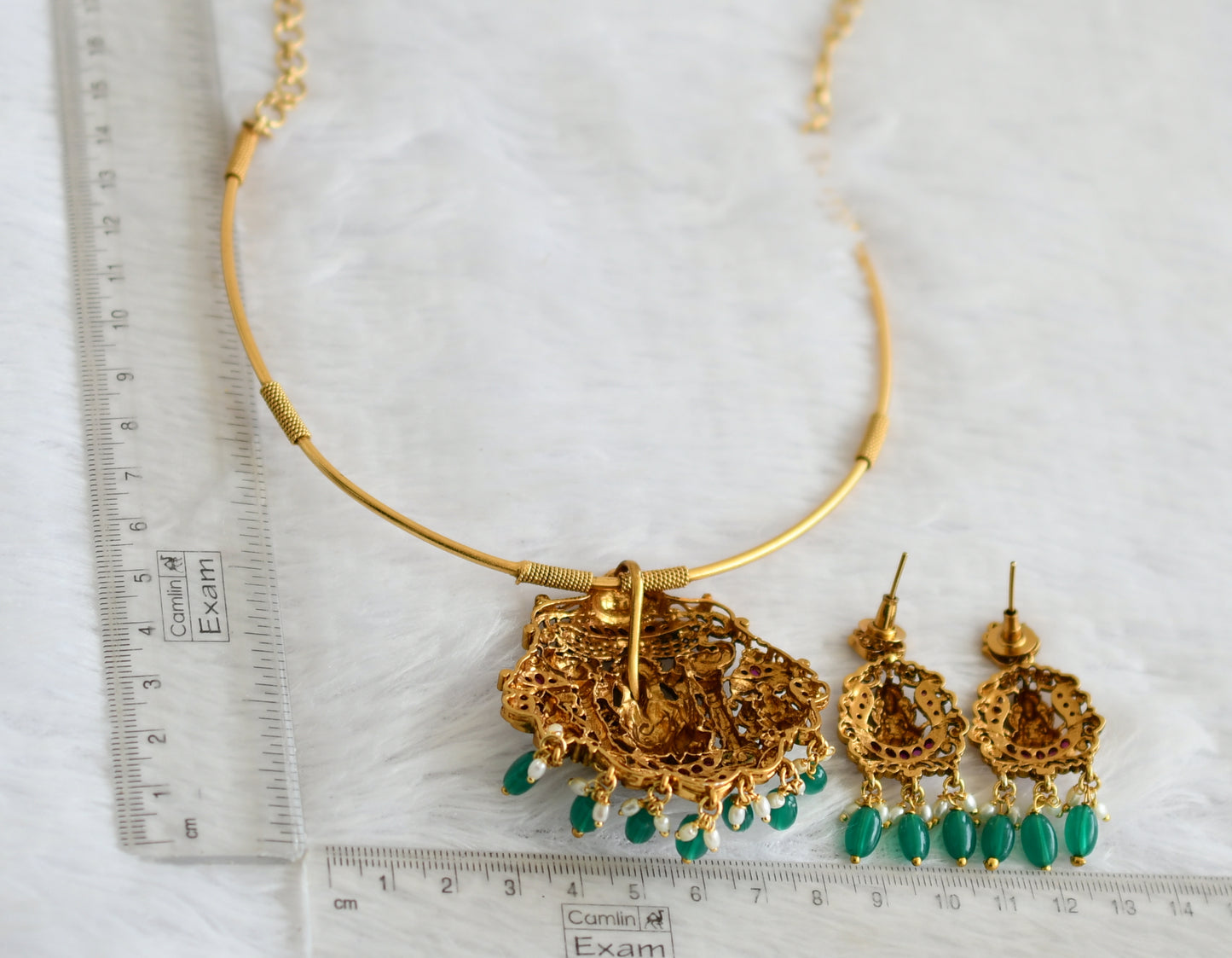 Antique gold tone kemp lakshmi ganesha green bead hasli necklace set dj-50833