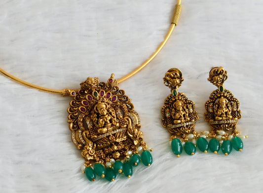 Antique gold tone kemp-green-white lakshmi green bead hasli necklace set dj-50832