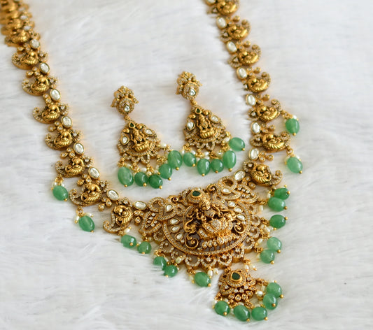 Antique gold tone kemp-green-white lakshmi peacock green bead haar set dj-50846
