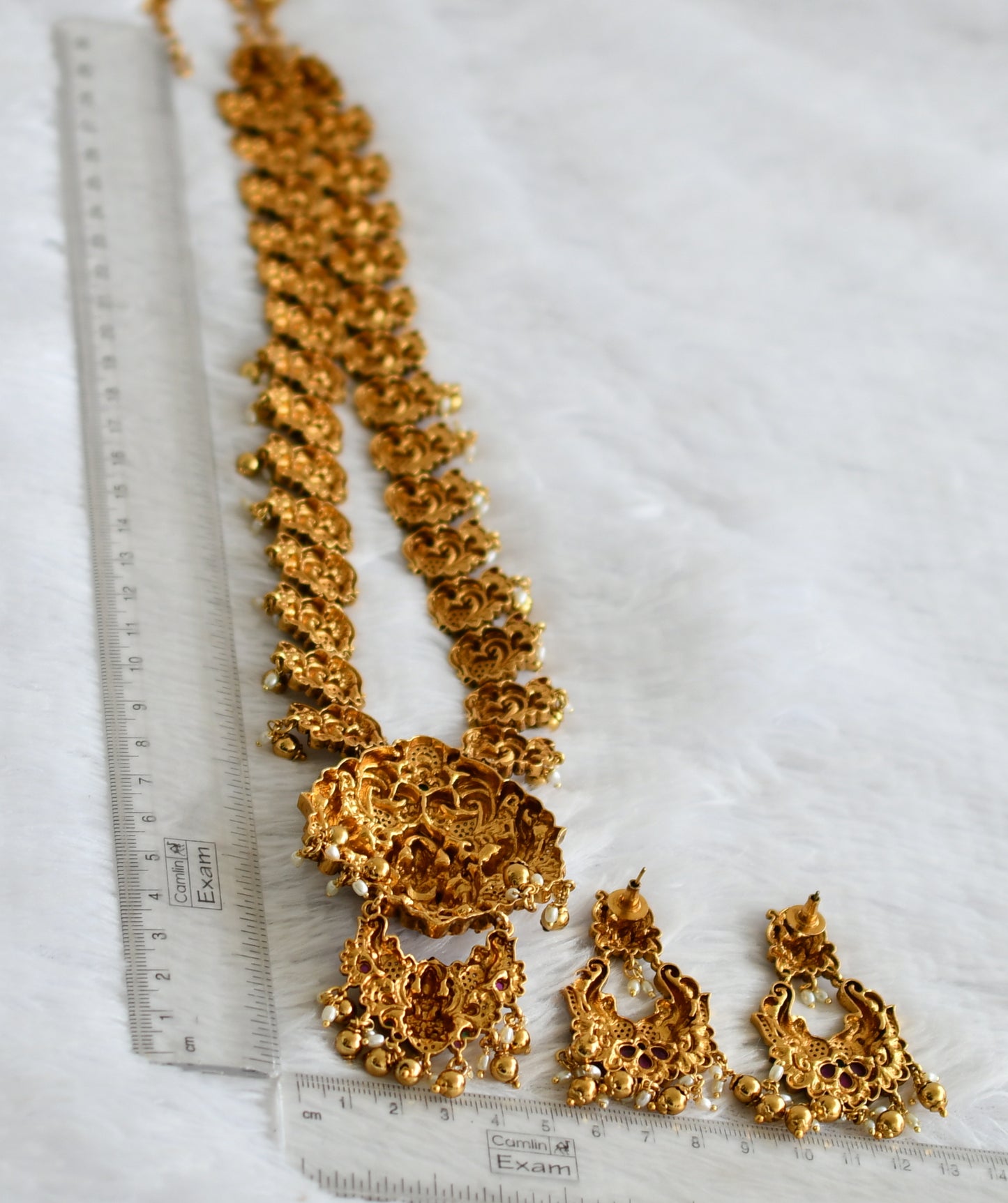 Antique gold tone kemp-green-white lakshmi peacock haar set dj-50851