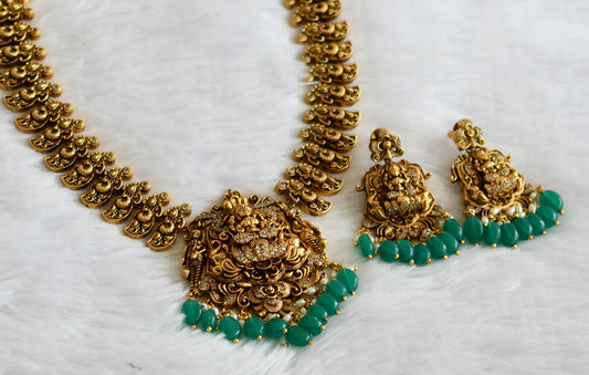 Antique gold tone white green bead lakshmi mango peacock haar set dj-50848