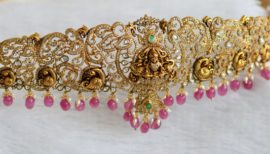 Antique gold tone white-green pink beaded lakshmi peacock waist band dj-50853