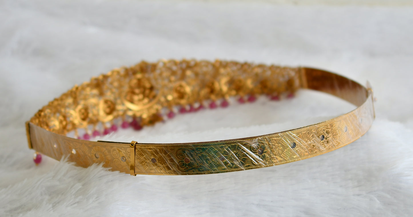 Antique gold tone white-green pink beaded lakshmi peacock waist band dj-50853