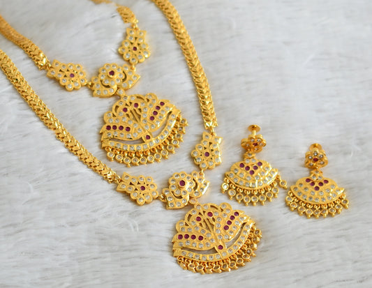 Gold tone ad pink-white south indian style swan combo haar set dj-48929