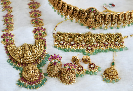 Antique gold tone kemp-green lakshmi lotus peacock green beaded bridal set dj-50875