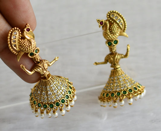 Matte finish cz ruby-green pearl peacock dancing doll jhumkka dj-47126