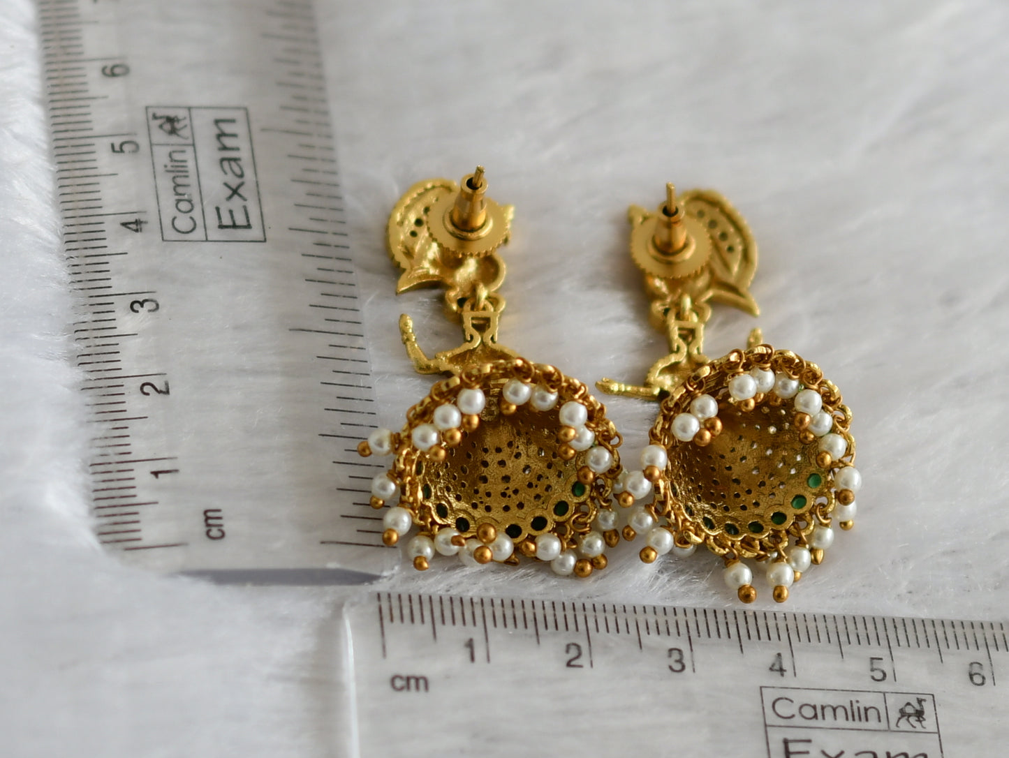 Matte finish cz ruby-green pearl peacock dancing doll jhumkka dj-47126