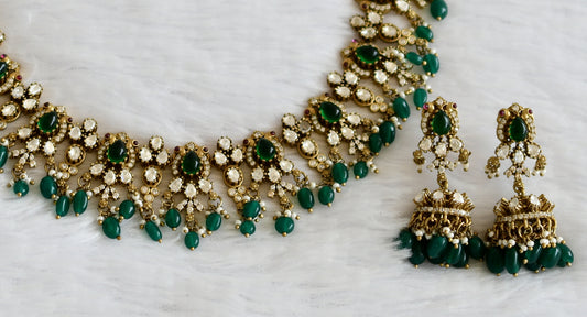 Antique green-white stone victorian green bead peacock necklace set dj-50868