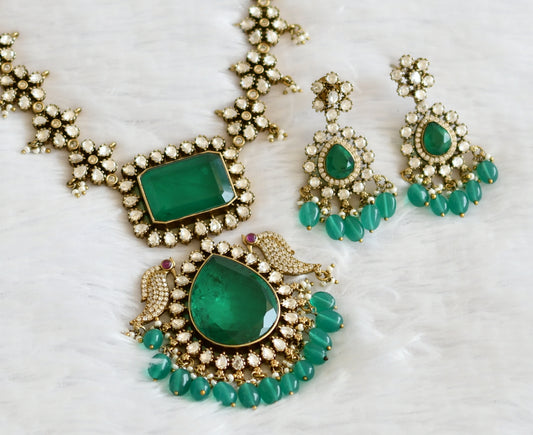 Antique green-white stone green beaded victorian flower peacock necklace set dj-50869