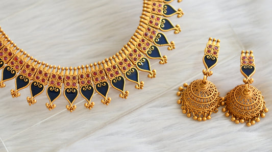 Matte finish red-blue kerala style necklace set dj-43781