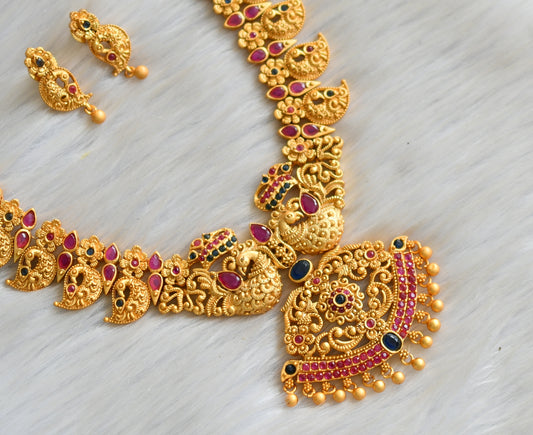 Matte finish ruby-blue peacock necklace set dj-07273