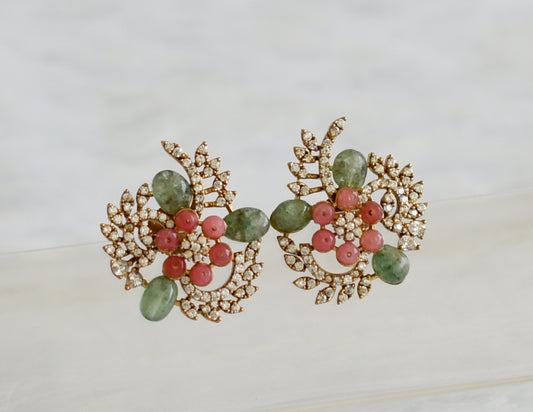 Antique gold tone cz pink-sea green beaded victorian flower earrings dj-50882