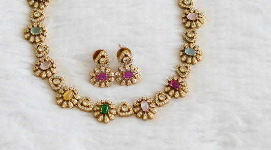 Antique gold tone cz multi color oval stone flower necklace set dj-50888