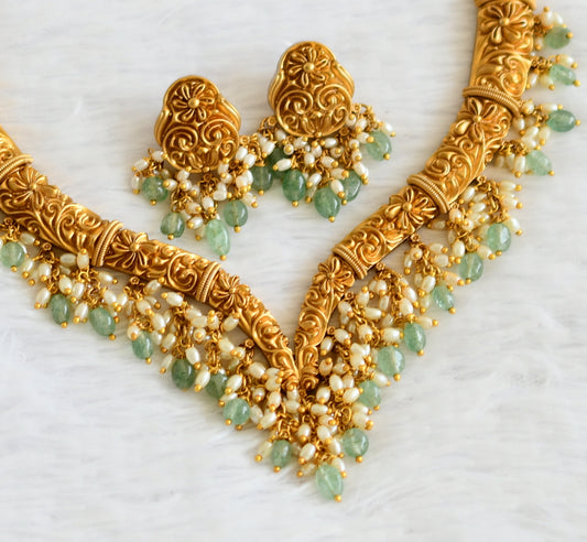 Matte finish flower rice pearl green beaded necklace set dj-50890