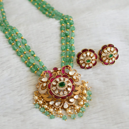 Matte finish pink-green-white kundan jadau green beaded peacock haar set dj-48935