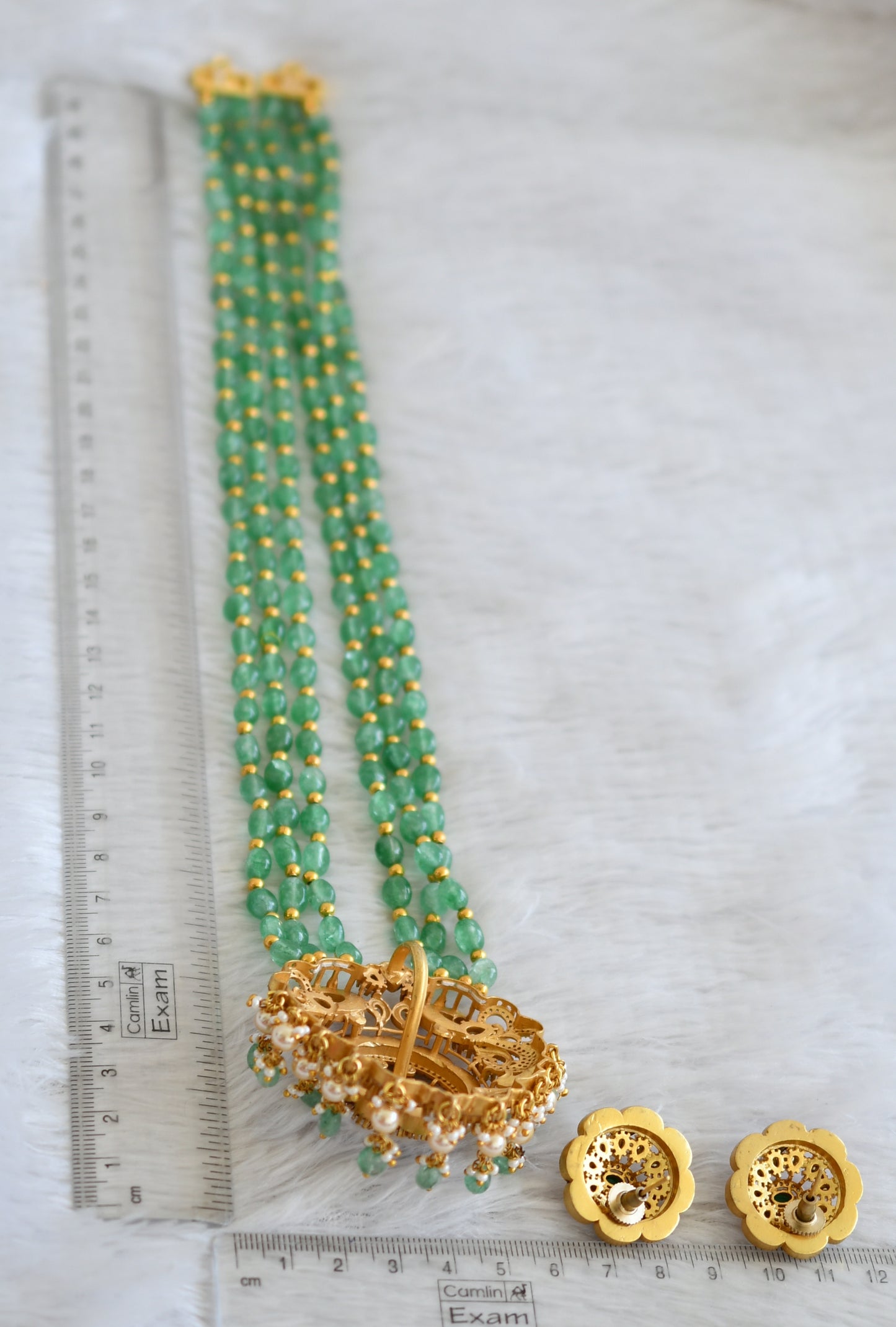 Matte finish pink-green-white kundan jadau green beaded peacock haar set dj-48935