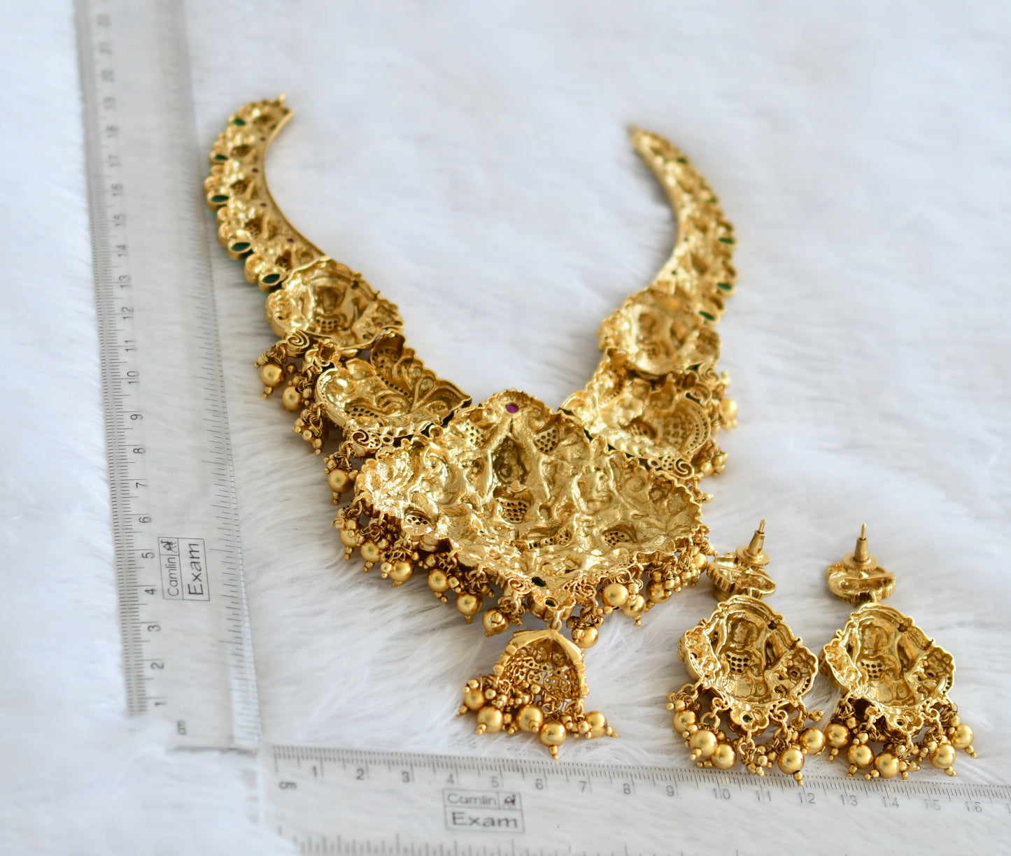 Antique gold tone kemp-green-white lakshmi peacock elephant nakshi necklace set dj-50892