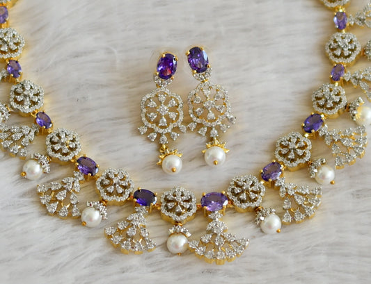 Two tone cz white-purple oval stone pearl flower necklace set dj-48937