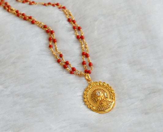 Gold tone coral 24 inches double layer chain with white stone pendant dj-47158