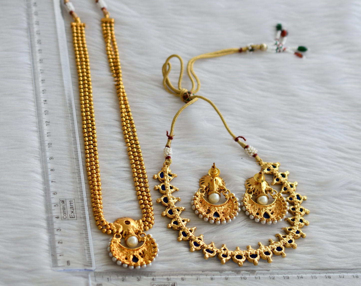 Antique gold tone blue-pearl combo set dj-43797